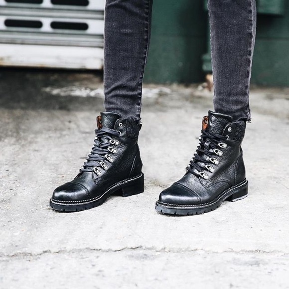 $399 Frye Samantha Black Real Leather Lace Up Shearling Fur Hiking Ankle Boot - Picture 5 of 16